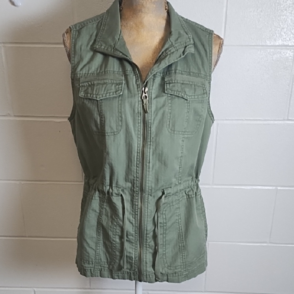 Sage Green Cotton Canvas Zip-up Vest Pockets Drawstring Waist